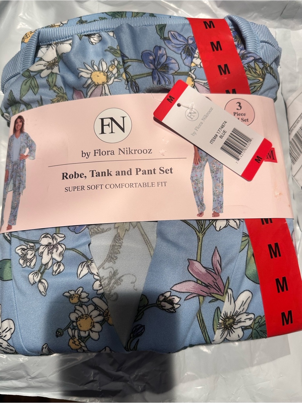 Flora Nikrooz Light Blue Floral Robe, Tank & Pant Set